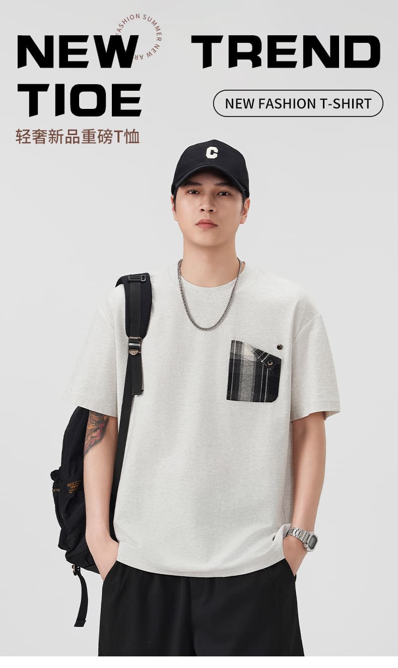 실사 여름 새로운 조수 브랜드 라운드 넥 반팔 티셔츠 남자 루즈핏 다용도 주머니 디자인 트렌드 면 100% 맨위 상세 이미지 1