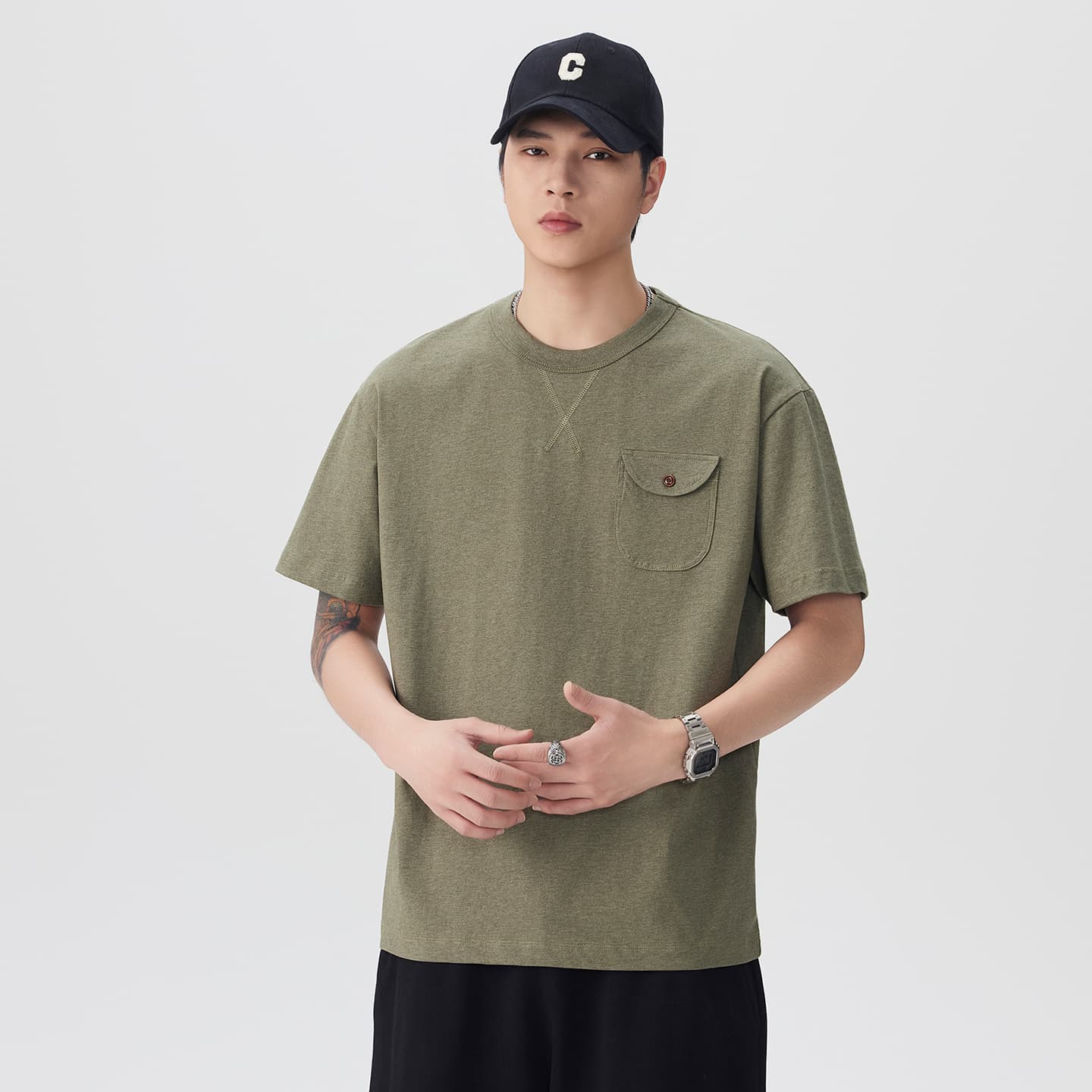 실사 2026 여름 새로운 면 100% 더블 실 무거운 라운드 넥 반팔 티셔츠 남자 루즈핏 다용도 주머니 디자인 티셔츠 이미지 2