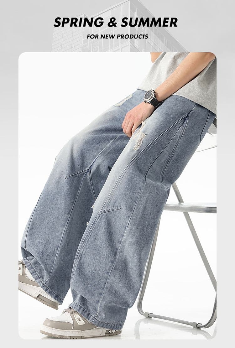 아메리칸 높음 거리 찢어진 부분 마 오래된 청바지 남녀 조수 브랜드 디자인 센스 모통이 칼 바지 레트로 루즈핏 프로필 모양 긴 바지 상세 이미지 16
