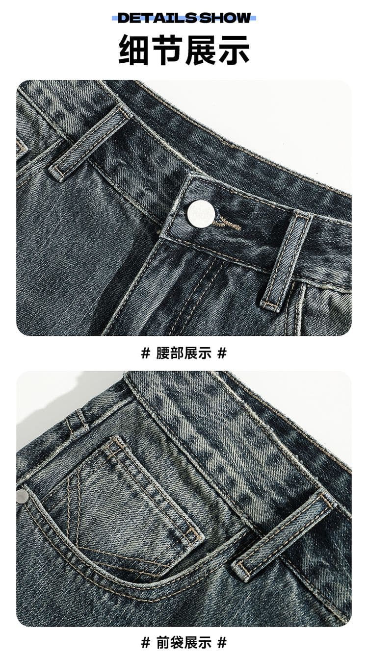 실사 아메리칸 레트로 찢어진 부분 워싱 데님 반바지 남자 여름 조수 브랜드 루즈핏 스트레이트 넓은 다리 오부 바지 상세 이미지 18
