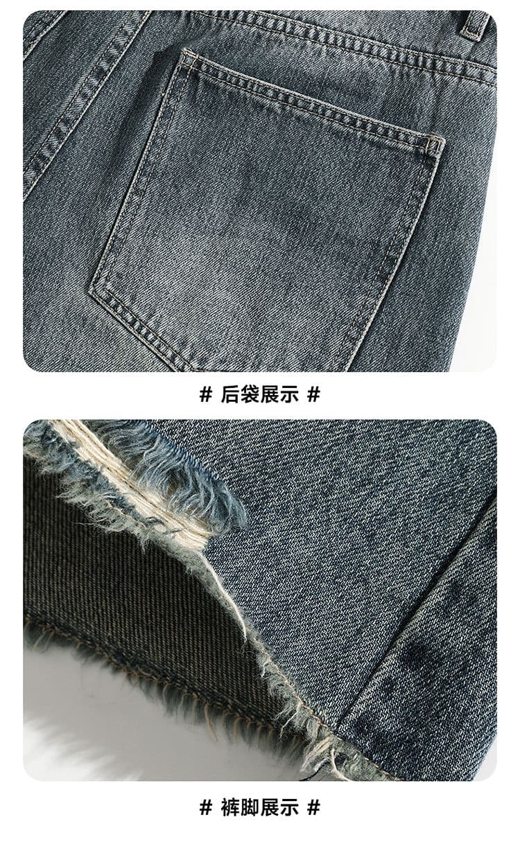실사 아메리칸 레트로 찢어진 부분 워싱 데님 반바지 남자 여름 조수 브랜드 루즈핏 스트레이트 넓은 다리 오부 바지 상세 이미지 19