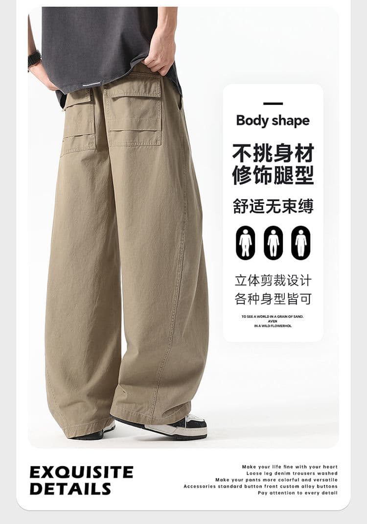 실사 아메리칸 주름 면 100% 워크웨어 팬츠 남자 여름 조수 브랜드 모통이 칼 캐주얼 바지 레트로 다용도 루즈핏 긴 바지 상세 이미지 3
