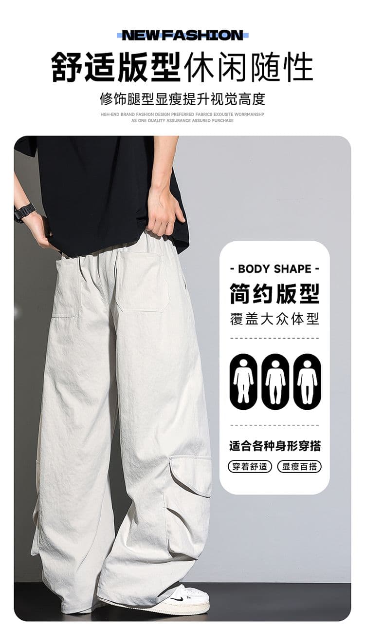 실사 아메리칸 cleanfit 루즈핏 넓은 다리 모통이 칼 캐주얼 바지 남자 여름 고급 센스 다용도 워크웨어 팬츠 트렌디 상세 이미지 2