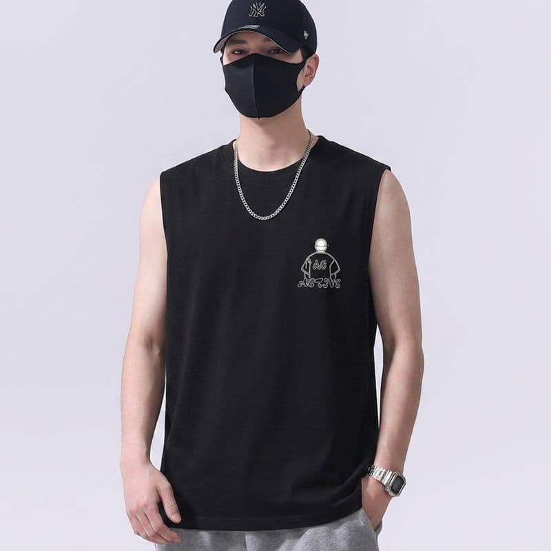 실사 2026 여름 새로운 순면 트렌드 프린트 민소매 티셔츠 조끼 남자 루즈핏 다용도 편안함 통기성 이미지 2