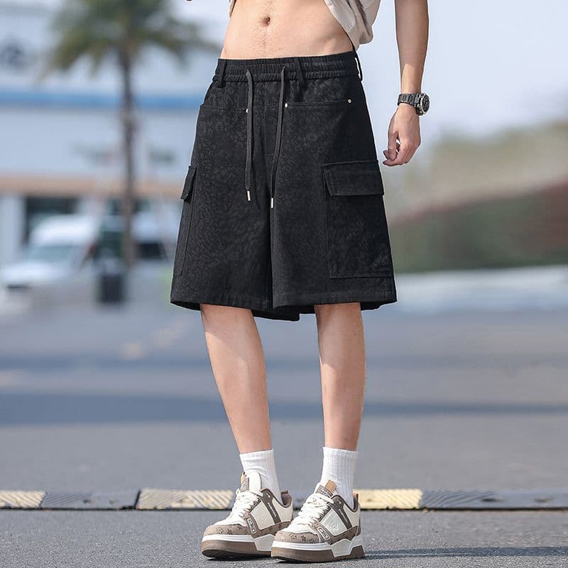 실사 여름 새로운 워크웨어 레오파드 무늬 캐주얼 오부 바지 남자 루즈핏 다용도 하프 허리밴드 얼음 센스 반바지 이미지 2