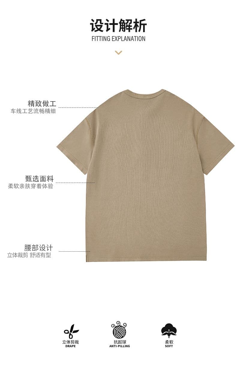 실사 아메리칸 레트로 조수 브랜드 순면 무거운 워싱 반팔 티셔츠 남자 여름 루즈핏 라운드 넥 하프 단추 세트 상세 이미지 4