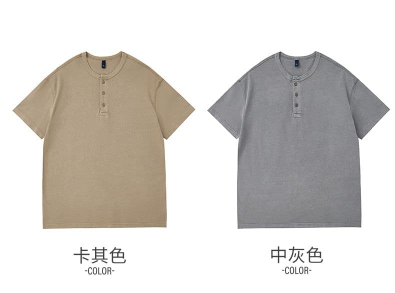 실사 아메리칸 레트로 조수 브랜드 순면 무거운 워싱 반팔 티셔츠 남자 여름 루즈핏 라운드 넥 하프 단추 세트 상세 이미지 11