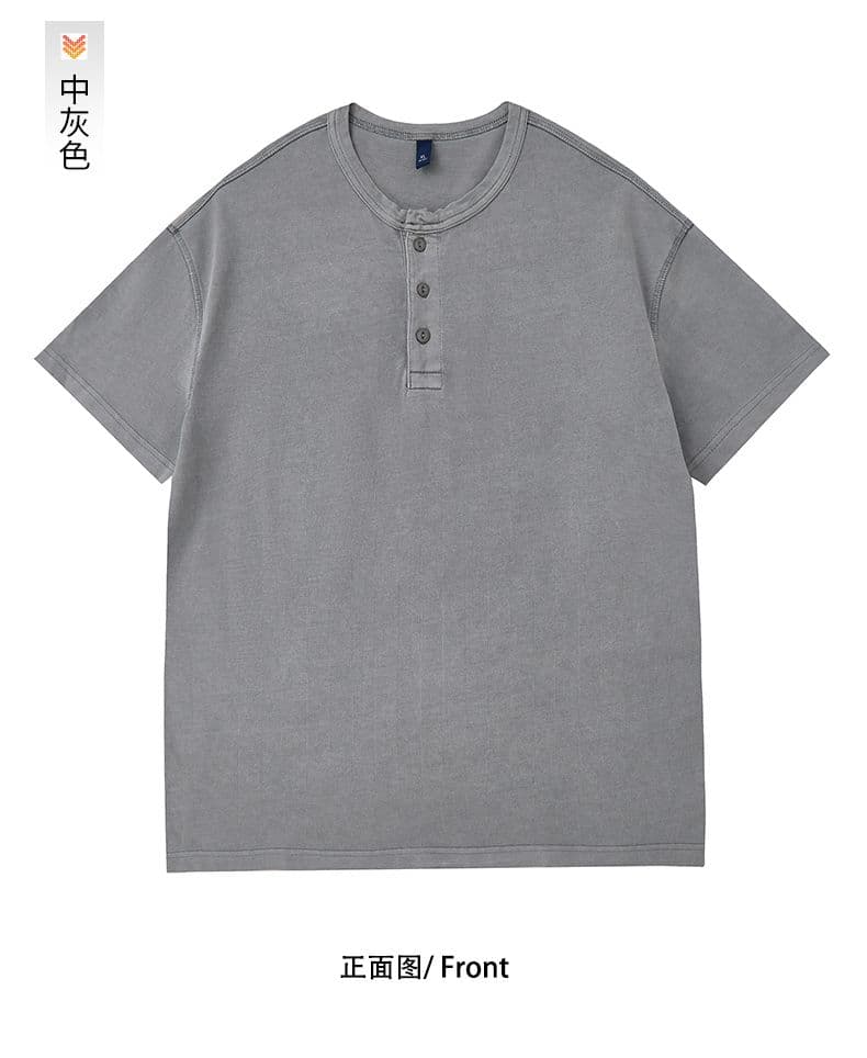 실사 아메리칸 레트로 조수 브랜드 순면 무거운 워싱 반팔 티셔츠 남자 여름 루즈핏 라운드 넥 하프 단추 세트 상세 이미지 16