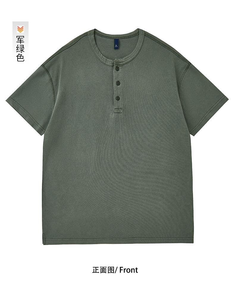 실사 아메리칸 레트로 조수 브랜드 순면 무거운 워싱 반팔 티셔츠 남자 여름 루즈핏 라운드 넥 하프 단추 세트 상세 이미지 18