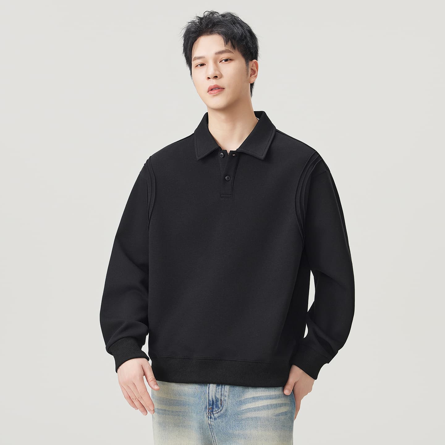 실사 2026 가을 겨울 새로운 무거운 POLO 셔츠 후드티 남자 루즈핏 다용도 폴로 칼라 티셔츠 출퇴근 맨위 이미지 2