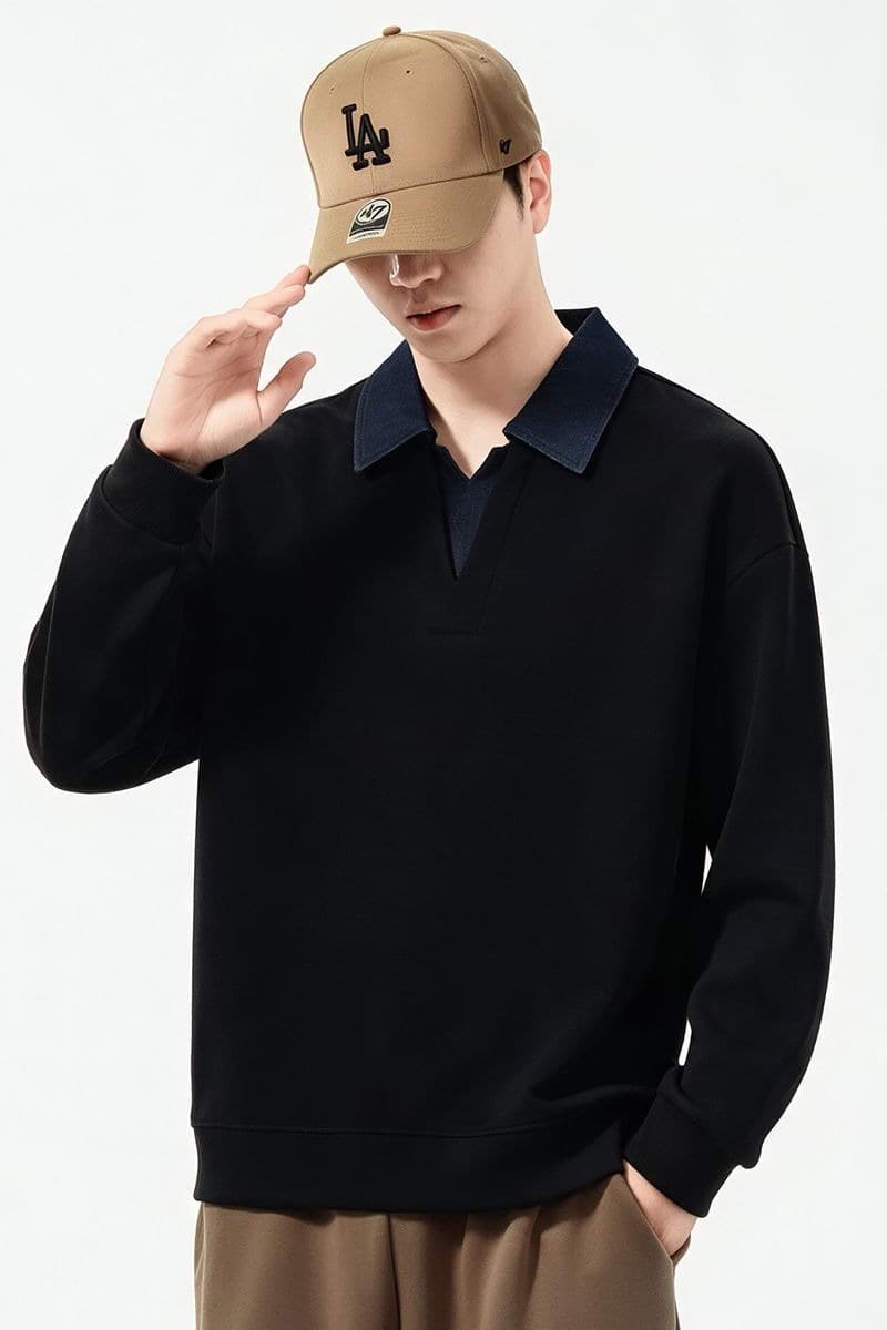 실사 2026 가을 겨울 새로운 페이크 레이어드 V넥 후드티 남성 풀오버 트렌드 와 성별 다용도 출퇴근 폴로 칼라 티셔츠 이미지 6
