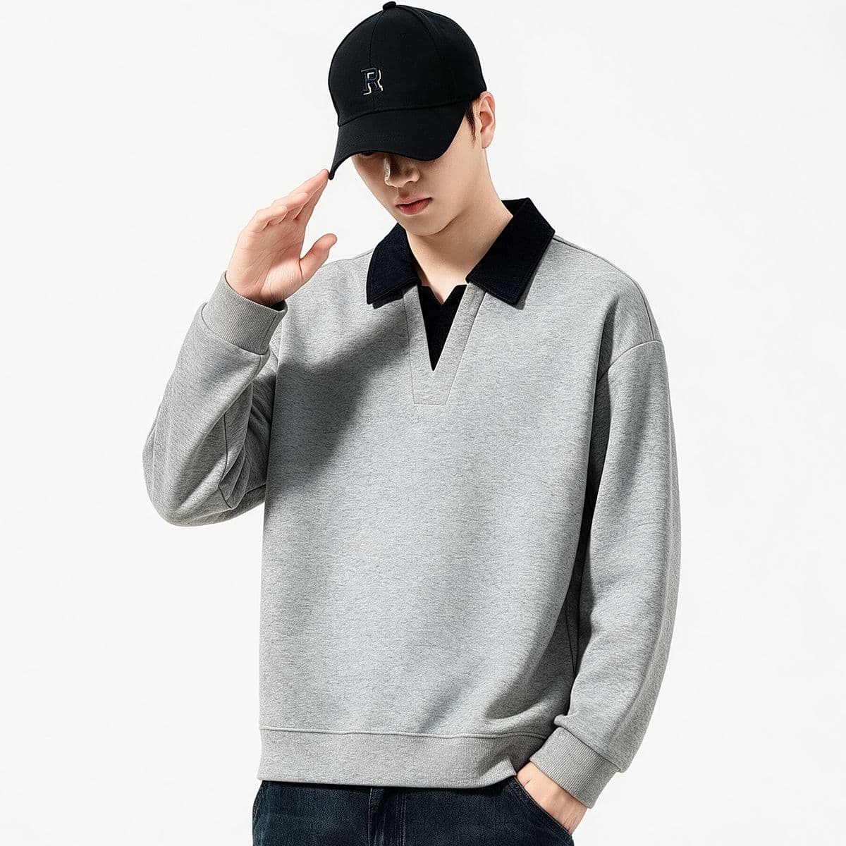 실사 2026 가을 겨울 새로운 페이크 레이어드 V넥 후드티 남성 풀오버 트렌드 와 성별 다용도 출퇴근 폴로 칼라 티셔츠 이미지 3