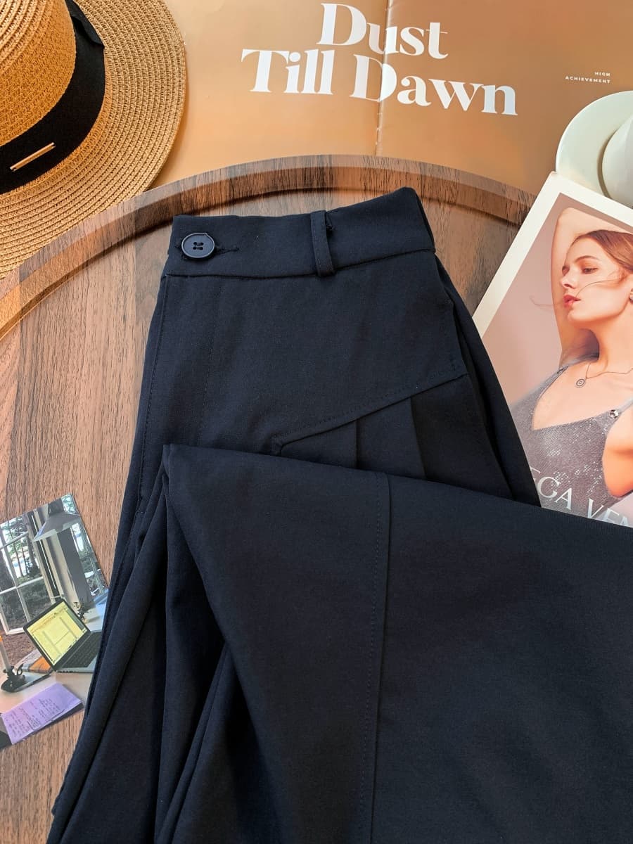 디자인 센스 이전 Pleat 정장 와이드 레그 팬츠 자기 벨트 측면 버클 벨트 하이웨이스트 슬림해 보이는 캐주얼 긴 바지 상세 이미지 2