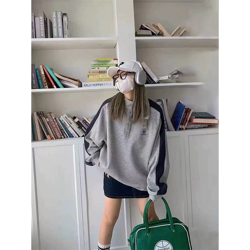 경관 그림 순수한 Mianhua 면 복합 우유 실크 후드티 여성 2026 봄 가을 새로운 배색 얇은 스타일 자수 스탠드 칼라 맨위 상세 이미지 2