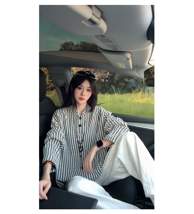경관 그림 300 그램 원본 긴팔 티셔츠 기본 셔츠 여성 얇은 스타일 트렌디 가을 새로운 생선뼈 곡물 루즈핏 스탠드 칼라 맨위 상세 이미지 13
