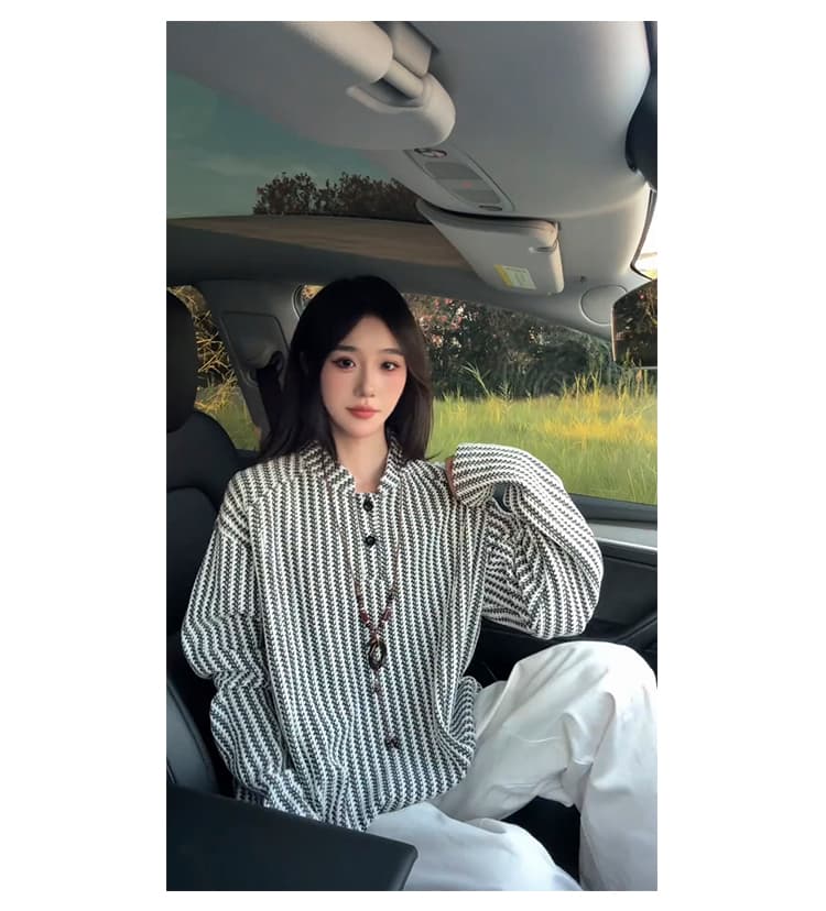 경관 그림 300 그램 원본 긴팔 티셔츠 기본 셔츠 여성 얇은 스타일 트렌디 가을 새로운 생선뼈 곡물 루즈핏 스탠드 칼라 맨위 상세 이미지 25