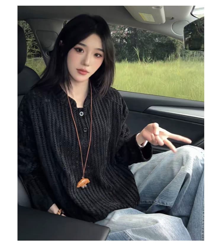 경관 그림 300 그램 원본 긴팔 티셔츠 기본 셔츠 여성 얇은 스타일 트렌디 가을 새로운 생선뼈 곡물 루즈핏 스탠드 칼라 맨위 상세 이미지 34