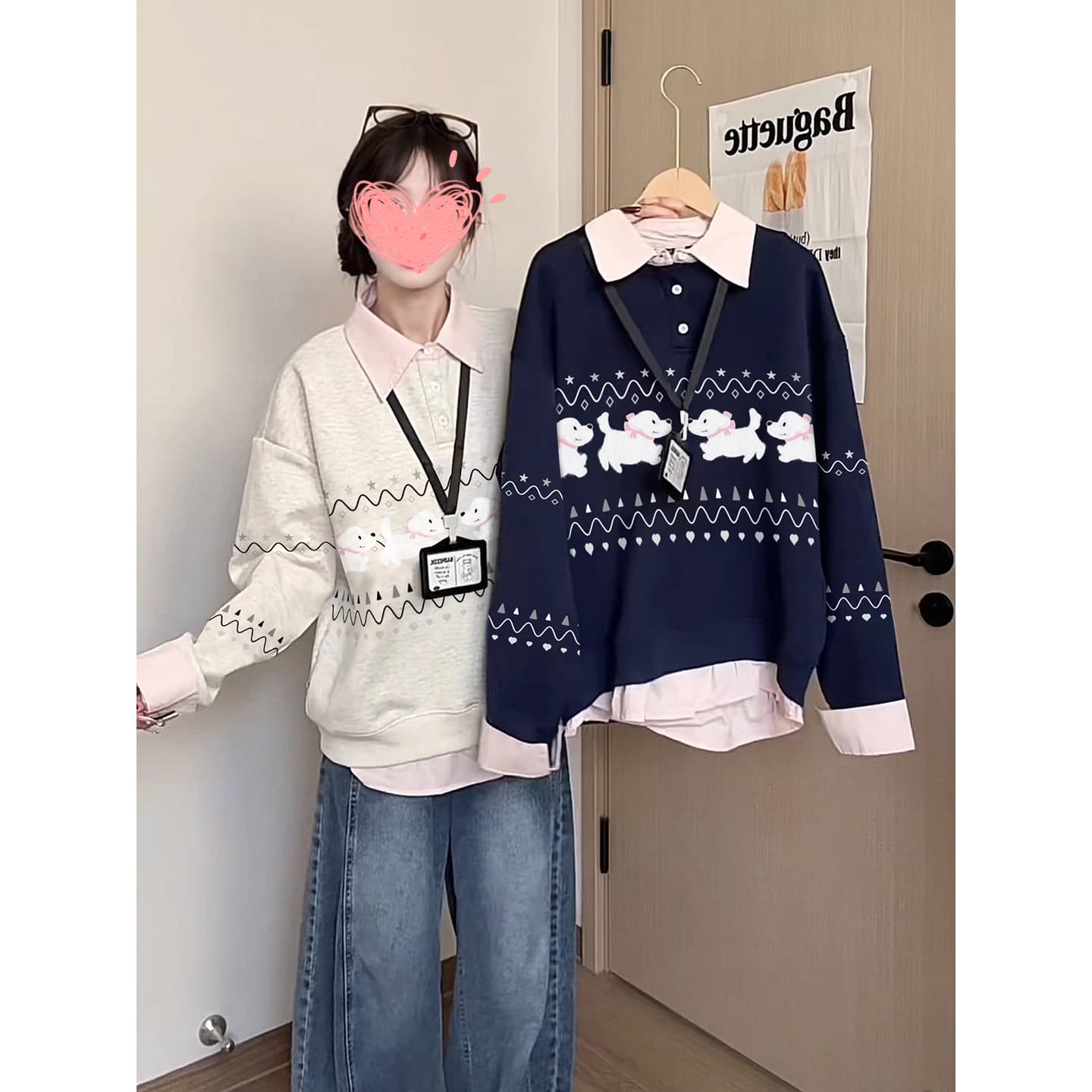 경관 그림 페이크 레이어드 후드티 여성 새로운 얇은 스타일 봄 가을 만화 가시 자수 루즈핏 POLO 칼라 한국 스타일 맨위 상세 이미지 6