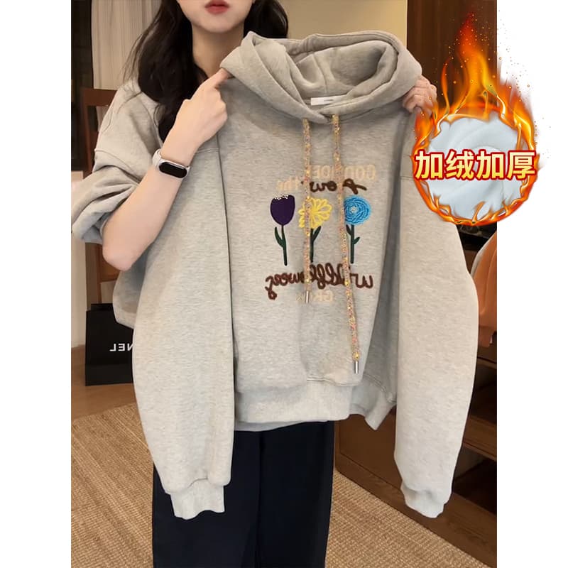 경관 그림 순수한 Mianhua 면 복합 오스트리아 과립 플러시 후드티 여성 의류 가을 겨울 새로운 가시 자수 후드 보온 맨위