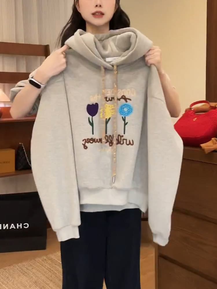 경관 그림 순수한 Mianhua 면 복합 오스트리아 과립 플러시 후드티 여성 의류 가을 겨울 새로운 가시 자수 후드 보온 맨위 상세 이미지 3