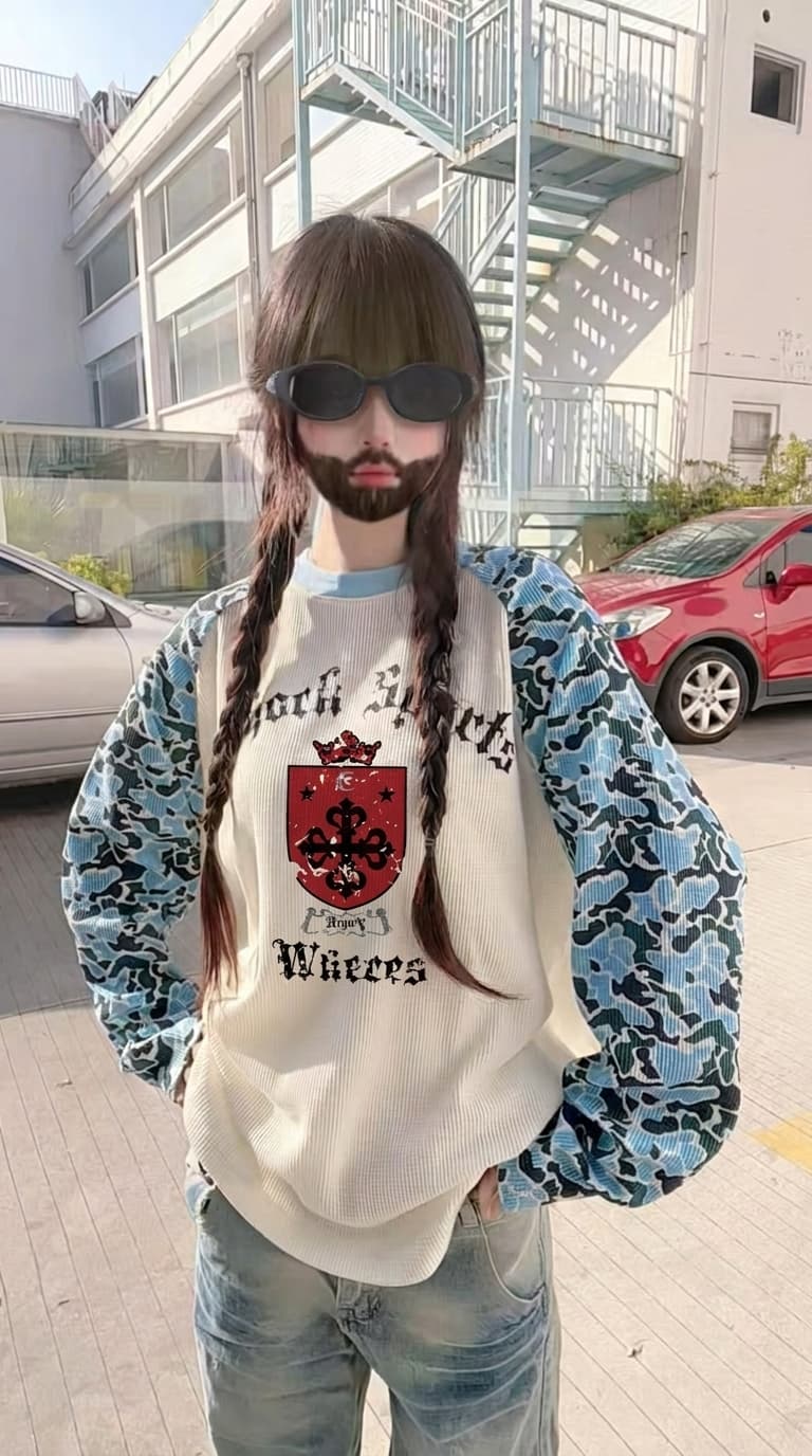 경관 그림 250그램 후아 남편 그리드 긴팔 티셔츠 여성 의류 봄 가을 새로운 한 부서 삽입 어깨 소매 루즈핏 라운드 넥 맨위