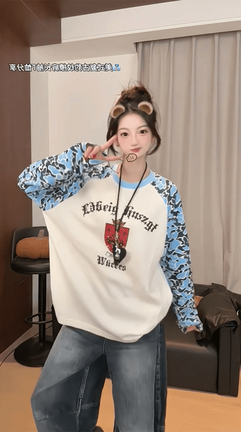 경관 그림 250그램 후아 남편 그리드 긴팔 티셔츠 여성 의류 봄 가을 새로운 한 부서 삽입 어깨 소매 루즈핏 라운드 넥 맨위 상세 이미지 4