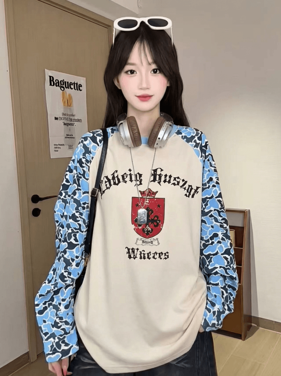 경관 그림 250그램 후아 남편 그리드 긴팔 티셔츠 여성 의류 봄 가을 새로운 한 부서 삽입 어깨 소매 루즈핏 라운드 넥 맨위