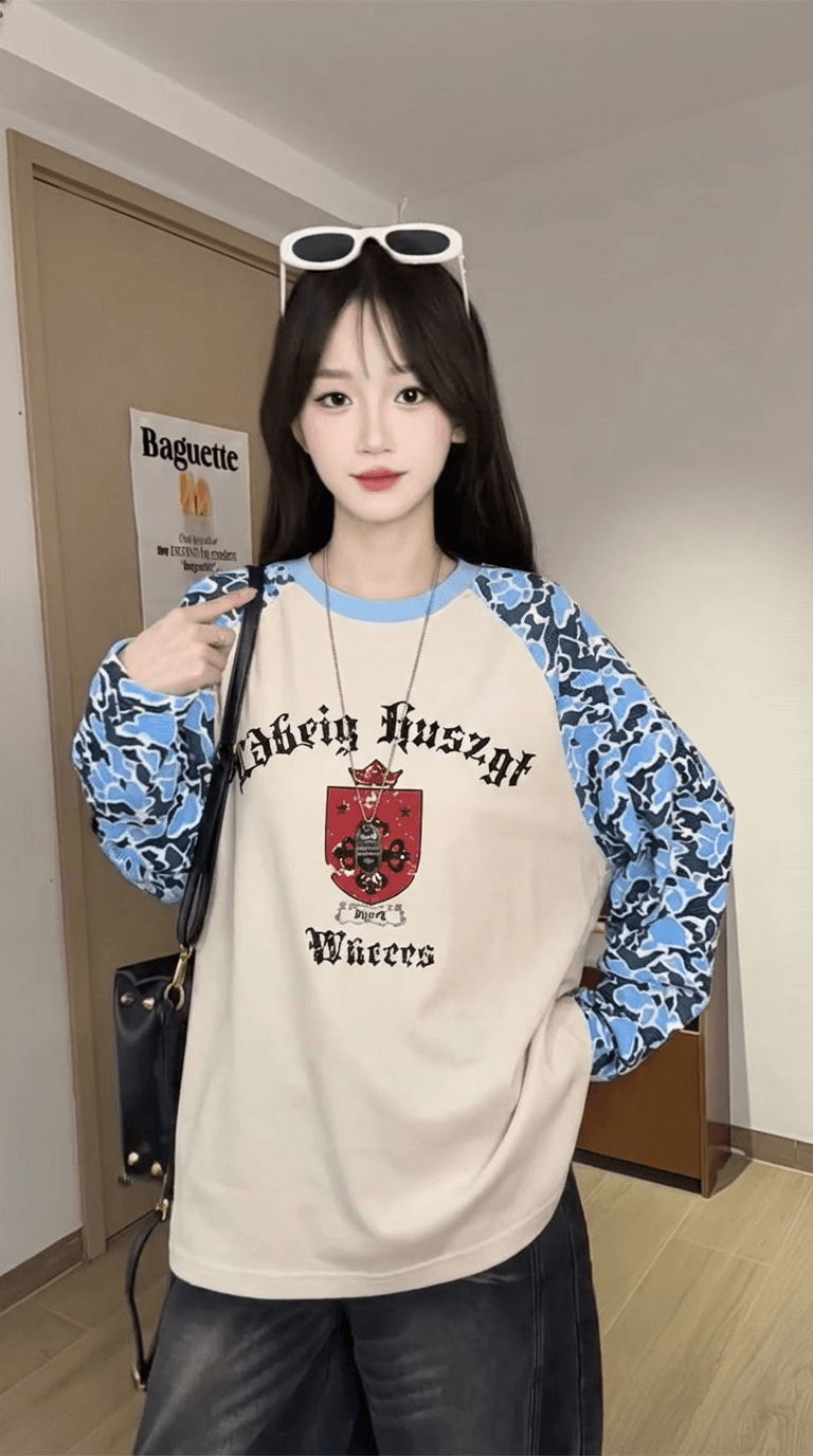 경관 그림 250그램 후아 남편 그리드 긴팔 티셔츠 여성 의류 봄 가을 새로운 한 부서 삽입 어깨 소매 루즈핏 라운드 넥 맨위 상세 이미지 3