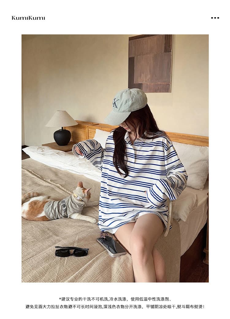 경관 그림 300 그램 스트라이프 긴팔 티셔츠 남녀 커플룩 봄 가을 새로운 조수 브랜드 긍정적 인 어깨 헨리 칼라 맨위 상세 이미지 7