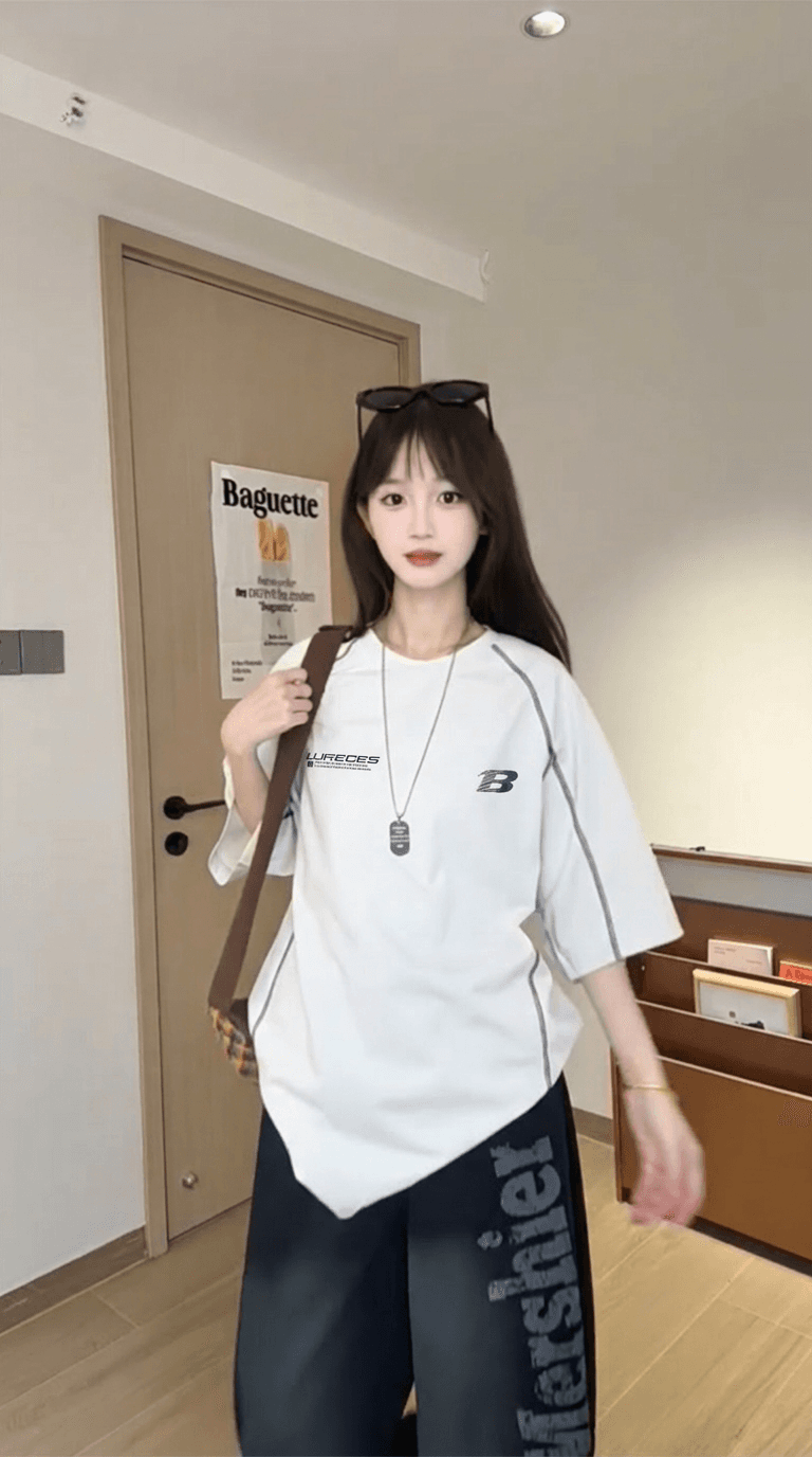 경관 그림 230 크 순면 반팔 티셔츠 여성 의류 여름 새로운 한 부서 중간 길이 루즈핏 디자인 센스 라운드 넥 맨위 상세 이미지 8