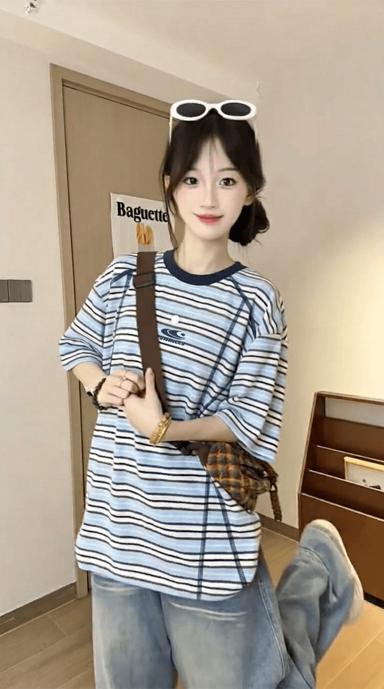 경관 그림 조수 브랜드 반팔 티셔츠 남녀 커플룩 여름 새로운 한 부서 가시 자수 스트라이프 라운드 넥 맨위