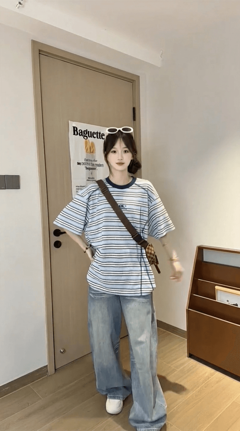 경관 그림 조수 브랜드 반팔 티셔츠 남녀 커플룩 여름 새로운 한 부서 가시 자수 스트라이프 라운드 넥 맨위 상세 이미지 5