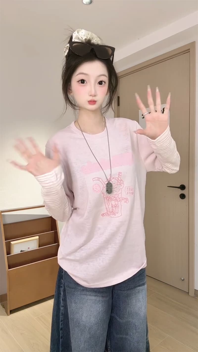 경관 그림 눈꽃 아마 자외선 차단 의류 여성 의류 트렌디 여름 트렌디 새로운 한 부서 페이크 레이어드 패치워크 긴팔 맨위 이미지 4