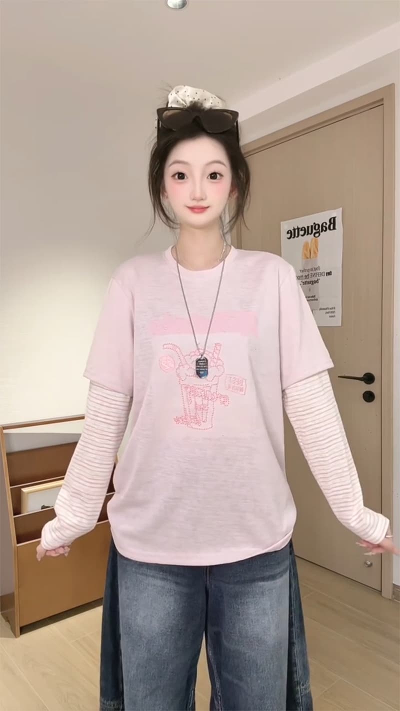 경관 그림 눈꽃 아마 자외선 차단 의류 여성 의류 트렌디 여름 트렌디 새로운 한 부서 페이크 레이어드 패치워크 긴팔 맨위 이미지 2