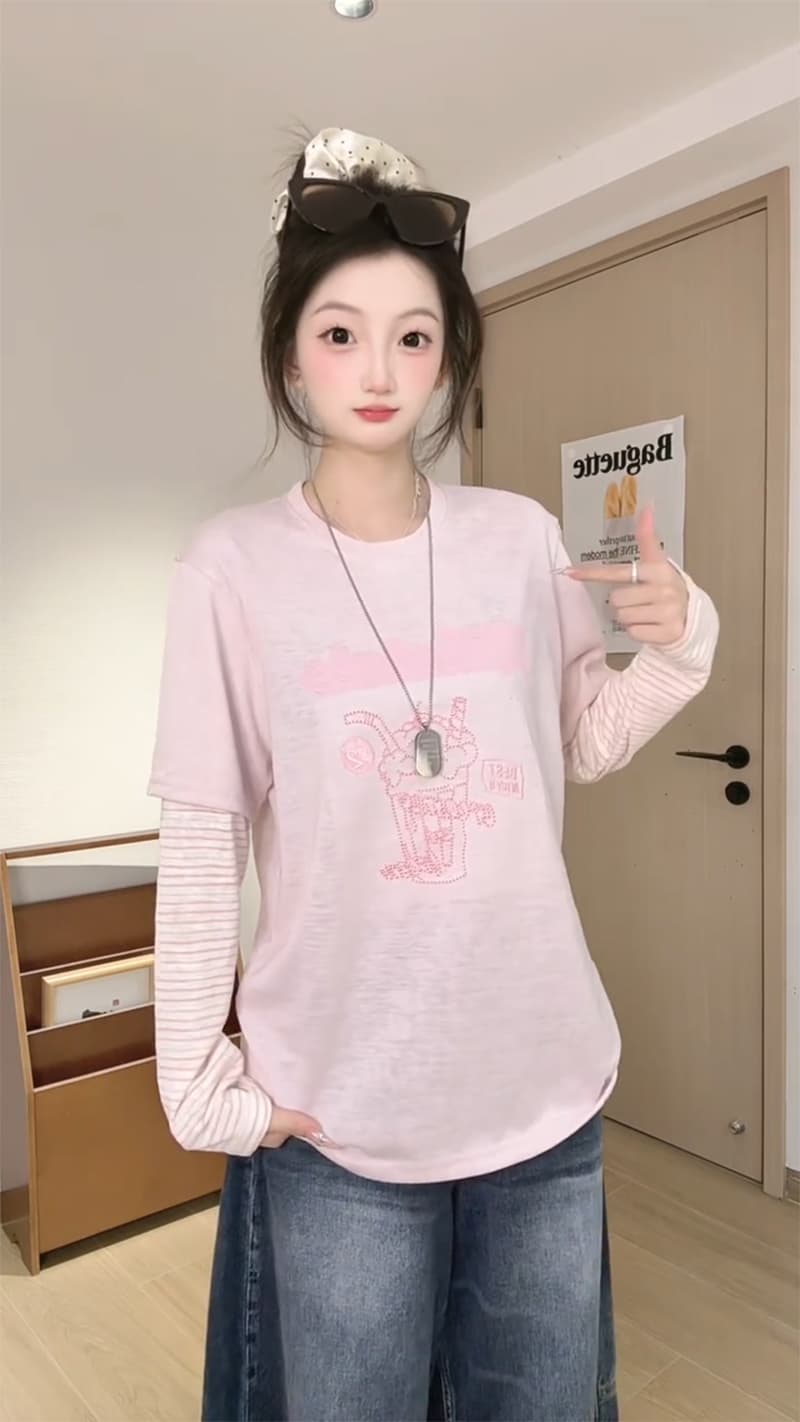 경관 그림 눈꽃 아마 자외선 차단 의류 여성 의류 트렌디 여름 트렌디 새로운 한 부서 페이크 레이어드 패치워크 긴팔 맨위 이미지 3