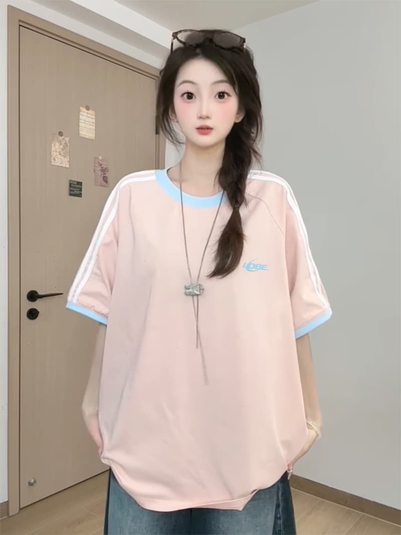경관 그림 32 더블 실 순면 반팔 티셔츠 여성 의류 여름 새로운 중간 길이 루즈핏 디자인 센스 라운드 넥 맨위 상세 이미지 7