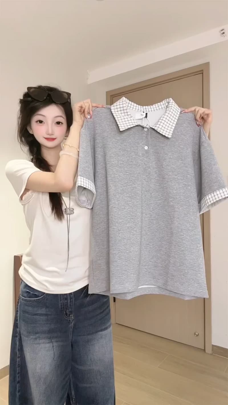 경관 그림 남자 바 면 220 그램 반팔 티셔츠 여성 의류 여름 페이크 레이어드 새로운 루즈핏 체크무늬 POLO 칼라 맨위 상세 이미지 2