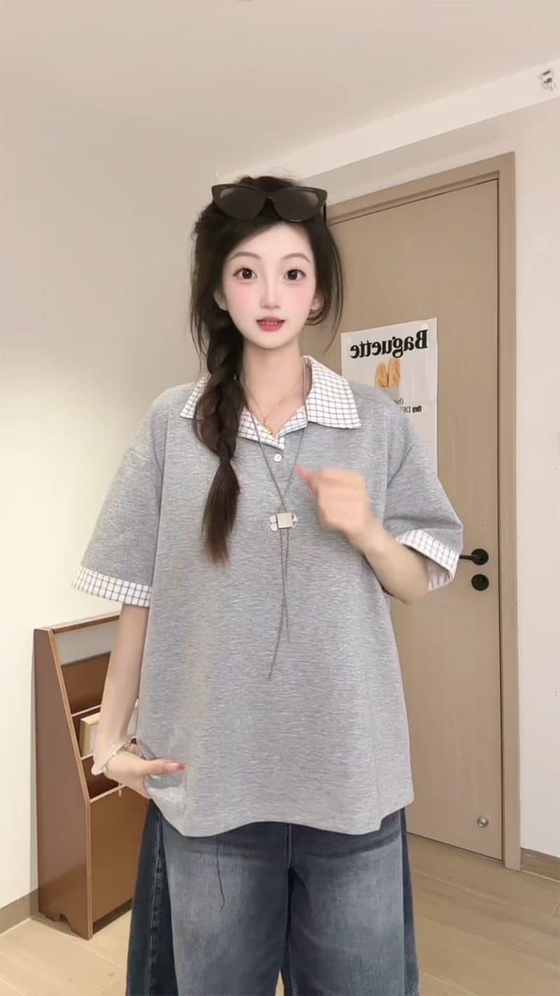 경관 그림 남자 바 면 220 그램 반팔 티셔츠 여성 의류 여름 페이크 레이어드 새로운 루즈핏 체크무늬 POLO 칼라 맨위 상세 이미지 4
