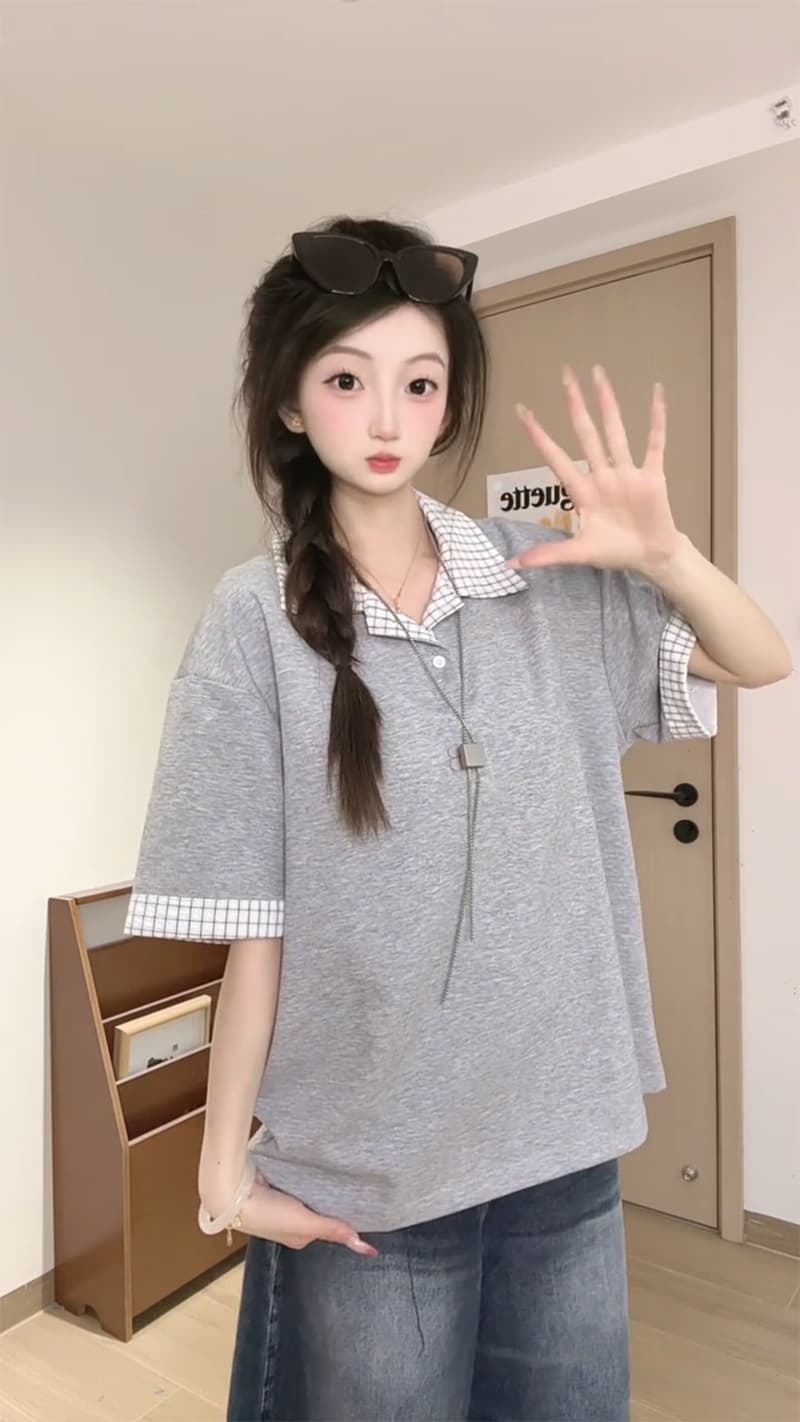 경관 그림 남자 바 면 220 그램 반팔 티셔츠 여성 의류 여름 페이크 레이어드 새로운 루즈핏 체크무늬 POLO 칼라 맨위 상세 이미지 6