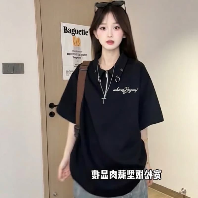 경관 그림 반팔 티셔츠 조수 브랜드 남녀 커플룩 여름 중간 길이 루즈핏 지퍼 자수 POLO 칼라 맨위 이미지 5