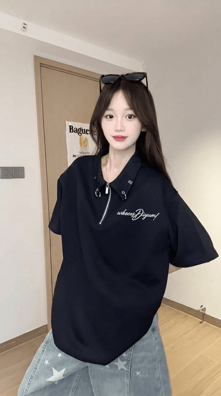 경관 그림 반팔 티셔츠 조수 브랜드 남녀 커플룩 여름 중간 길이 루즈핏 지퍼 자수 POLO 칼라 맨위 상세 이미지 3