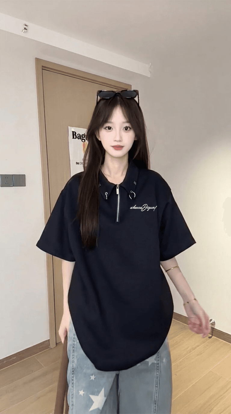 경관 그림 반팔 티셔츠 조수 브랜드 남녀 커플룩 여름 중간 길이 루즈핏 지퍼 자수 POLO 칼라 맨위 상세 이미지 7