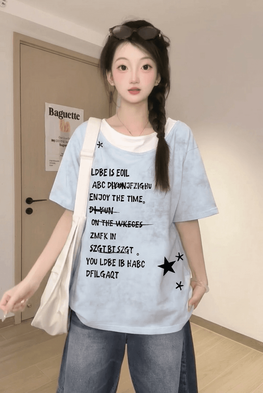 경관 그림 32 더블 실 순면 반팔 티셔츠 여성 의류 여름 새로운 레트로 루즈핏 페이크 레이어드 라운드 넥 맨위 이미지 2