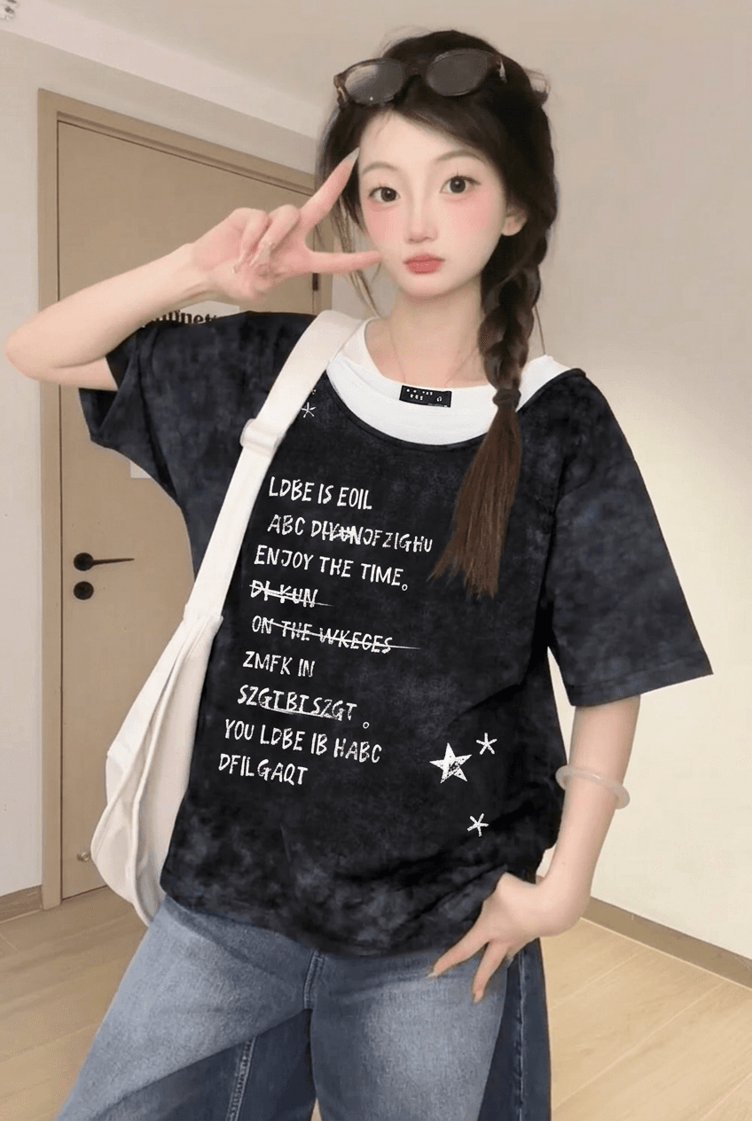 경관 그림 32 더블 실 순면 반팔 티셔츠 여성 의류 여름 새로운 레트로 루즈핏 페이크 레이어드 라운드 넥 맨위 이미지 4