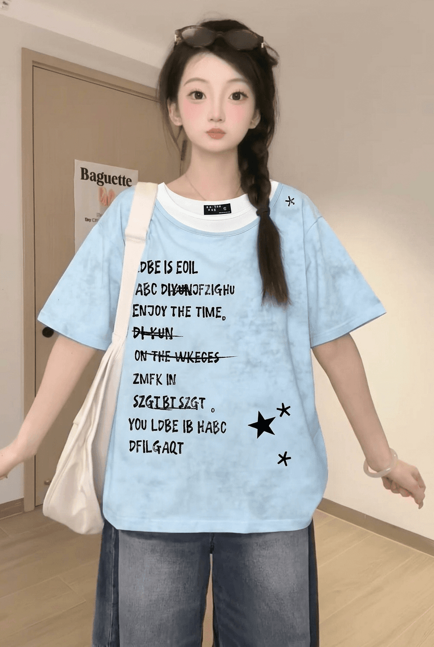 경관 그림 32 더블 실 순면 반팔 티셔츠 여성 의류 여름 새로운 레트로 루즈핏 페이크 레이어드 라운드 넥 맨위 상세 이미지 7
