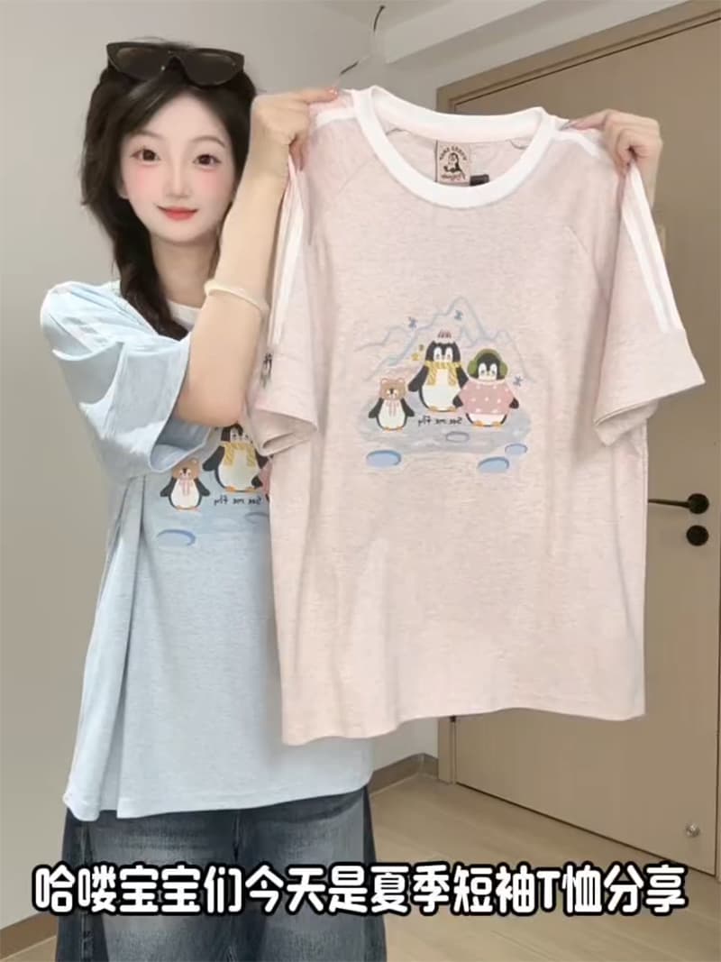 경관 그림 특별 가격 220 그램 양면 면 반팔 티셔츠 여성 의류 여름 새로운 한 부서 레트로 루즈핏 스트라이프 라운드 넥 맨위 상세 이미지 2