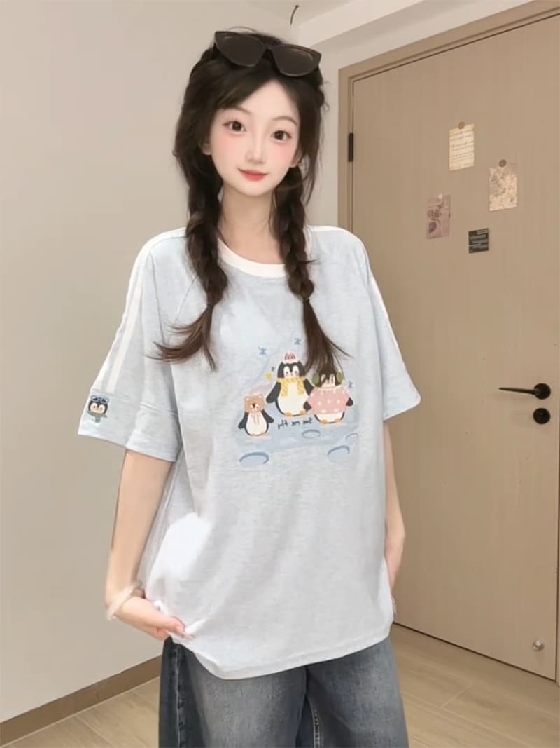 경관 그림 특별 가격 220 그램 양면 면 반팔 티셔츠 여성 의류 여름 새로운 한 부서 레트로 루즈핏 스트라이프 라운드 넥 맨위 상세 이미지 10