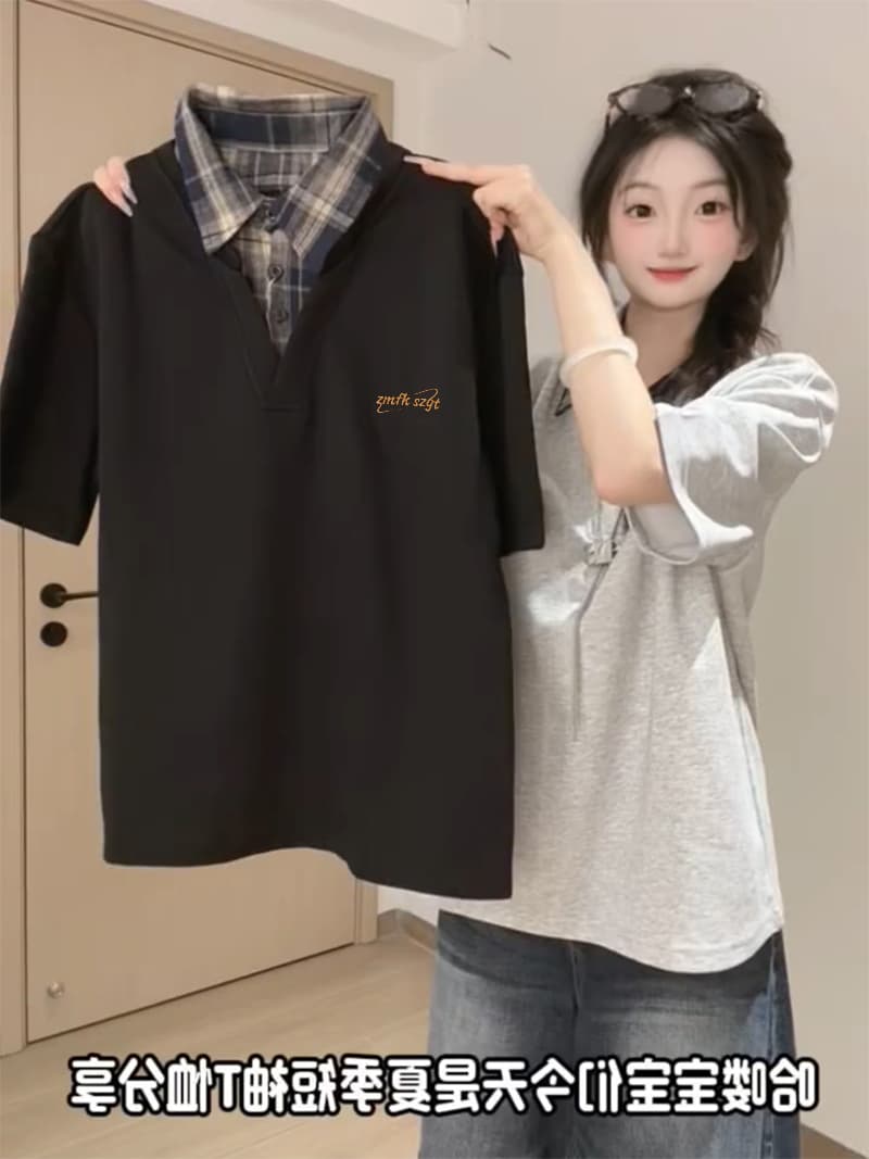 경관 그림 특별 가격 반팔 티셔츠 조수 브랜드 남녀 커플룩 여름 새로운 루즈핏 페이크 레이어드 자수 POLO 칼라 맨위