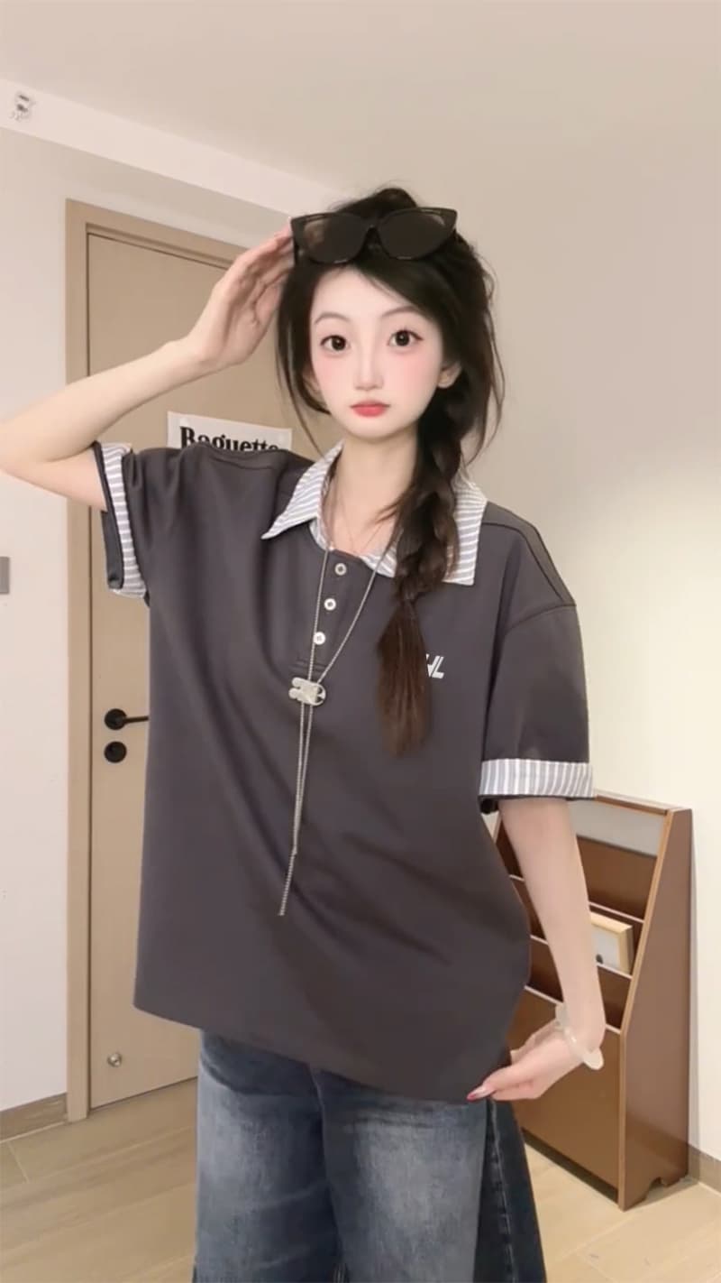 경관 그림 남자 바 면 220 그램 반팔 티셔츠 남녀 커플룩 여름 새로운 루즈핏 스트라이프 POLO 칼라 맨위 이미지 5