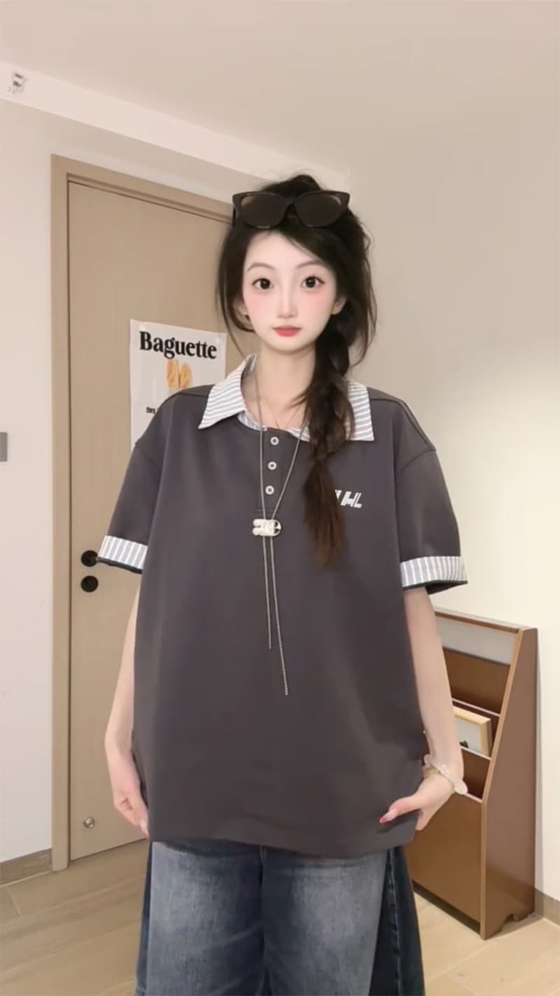 경관 그림 남자 바 면 220 그램 반팔 티셔츠 남녀 커플룩 여름 새로운 루즈핏 스트라이프 POLO 칼라 맨위 상세 이미지 5